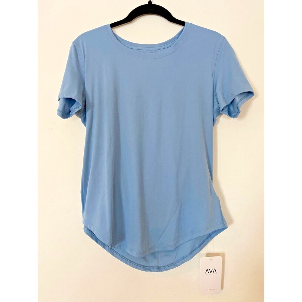 NWT AVA Los Angeles Women's Light Blue Curved Hem Activewear Top Size M